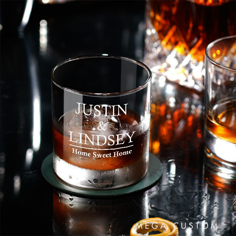 Personalized Home Sweet Home Whiskey Glass Custom Engraved Bourbon Glasses Wedding Housewarming Whiskey Tumbler New Home Moving House Gift Homeowner