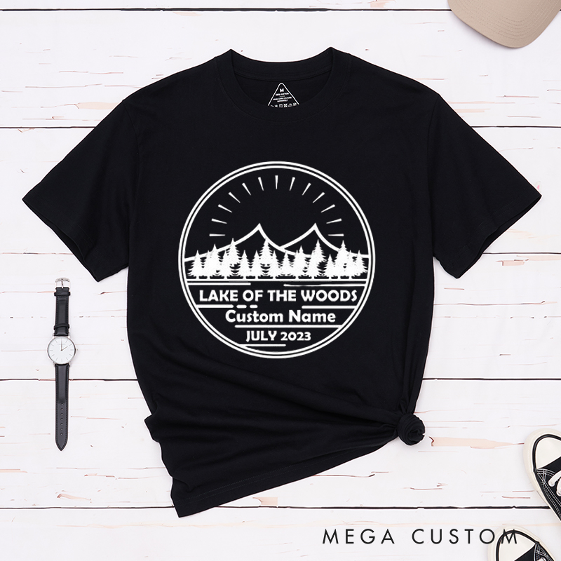 Personalized Lake of the Woods Nature-Inspired T Shirt with Custom Name Date for Outdoor Fishing Lover Great Gift for Dad Husband Grandpa Friends