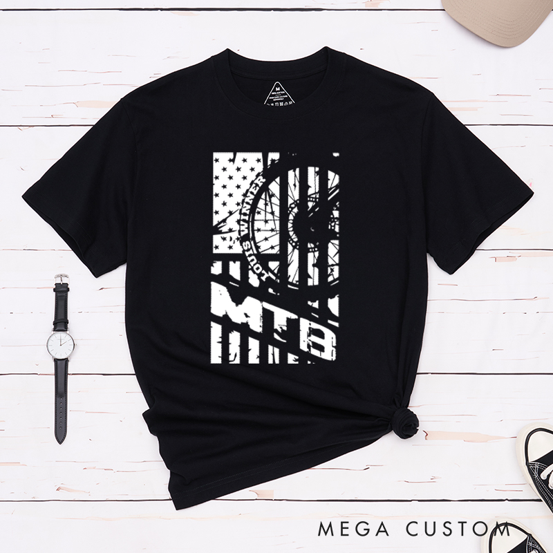 Personalized MTB Flag T-Shirt with a Bold Mountain Bike Wheel and American Flag for Outdoor Adventures Riding Cycling Biking Enthusiasts