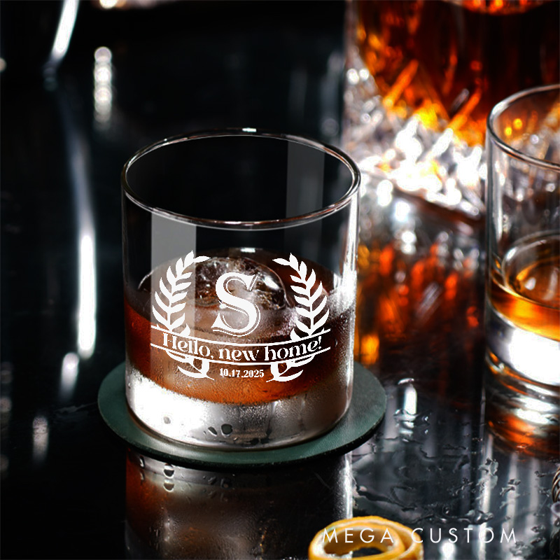Personalized Hello New Home Whiskey Tumblers with Initial Custom Whiskey Glass New Homeowner Housewarming Gift Moving House Gift Bourbon Glasses