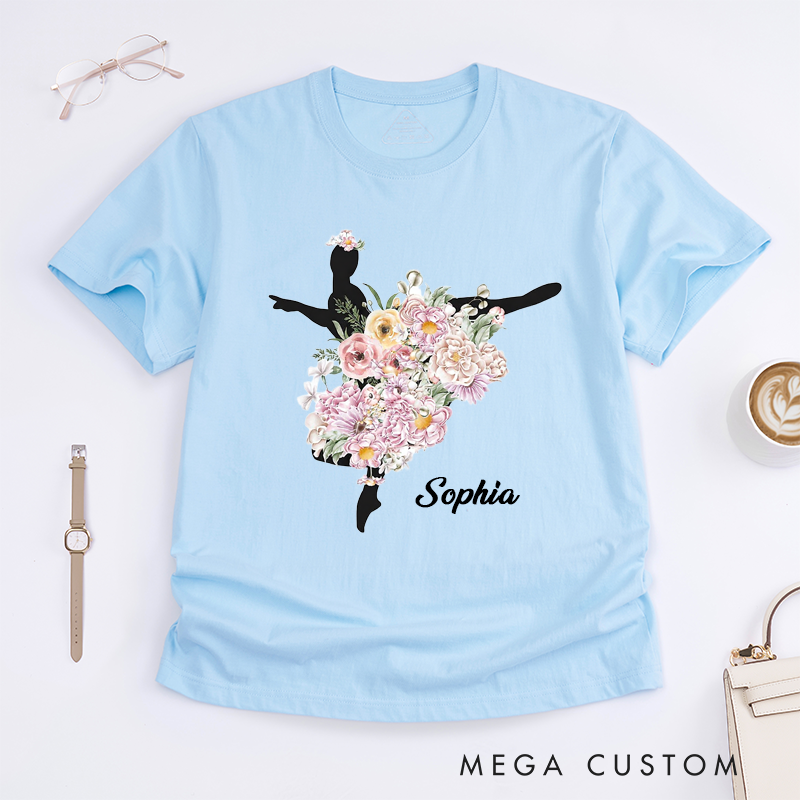 Personalized Ballerina Floral Art T-Shirt Custom Name Flower Dance Silhouette Gift for Women Girls Unique Artistic Ballet Lover Birthday Present