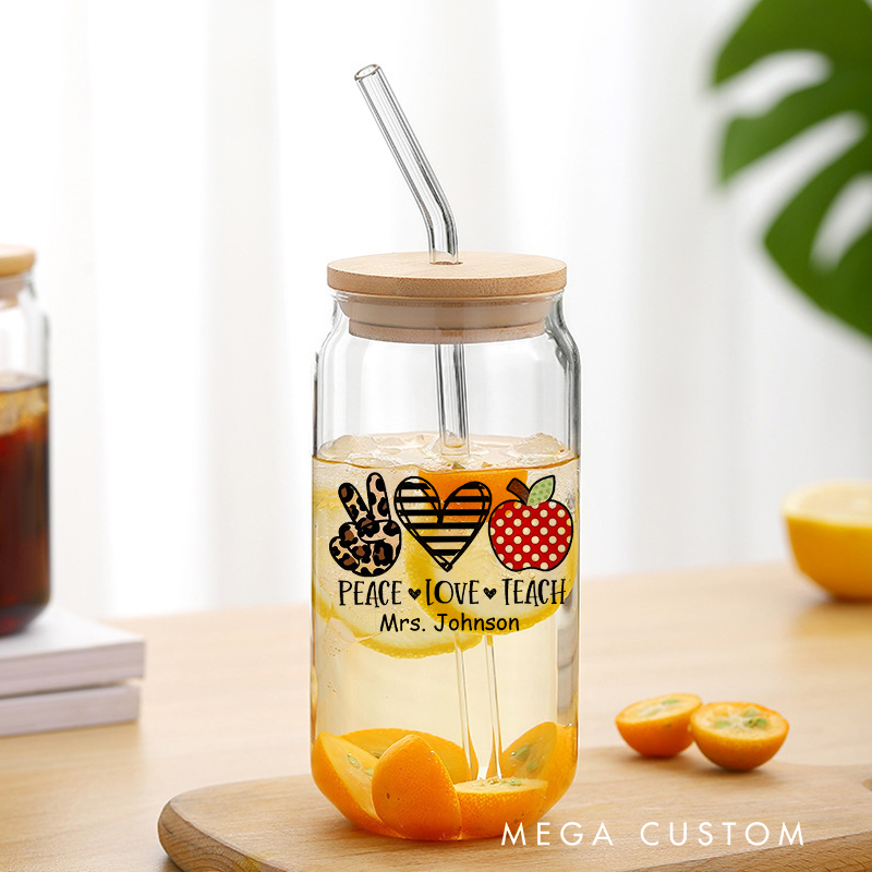 Personalized Teacher Tumbler with Lid and Straw Peace Love Teach Custom Glass Coffee Cup Teacher Appreciation Gift