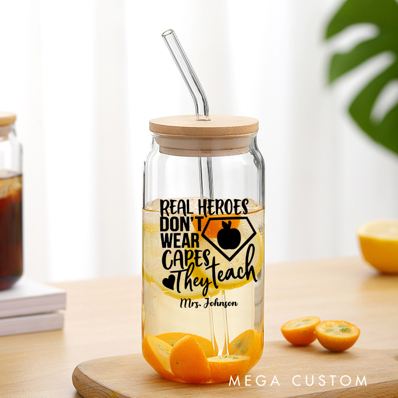 Personalized Teacher Tumbler with Lid and Straw Real Heroes Don't Wear Capes They Teach Custom Glass Coffee Cup Teacher Appreciation Gift