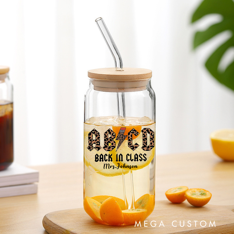 Personalized Teacher Tumbler with Lid and Straw ABCD Back in Class Custom Glass Coffee Cup Teacher Appreciation Gift