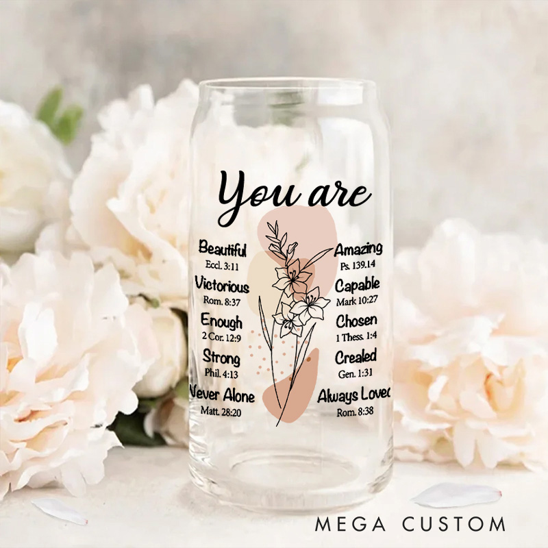 Personalized Birth Flower Bible Quotes Glass Cup with Lid and Straw Custom Text Coffee Cup Christian Inspirational Mother's Day Gift for Women 
