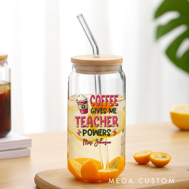 Personalized Teacher Tumbler with Lid and Straw for Teachers Coffee Gives Me Teacher Powers Custom Glass Coffee Cup Teacher Appreciation Gift