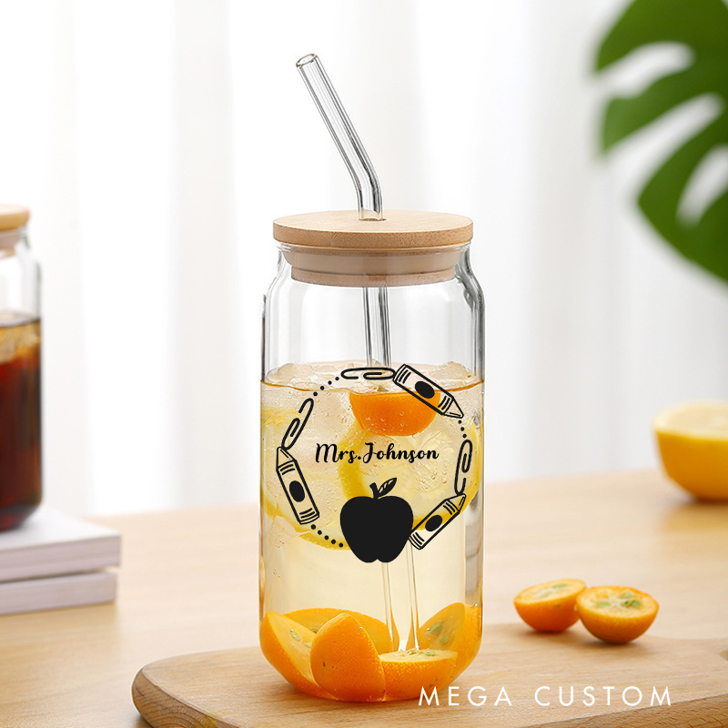 Personalized Teacher Tumbler with Lid and Straw Crayons and Paperclips Surrounding a Apple Custom Glass Coffee Cup Teacher Appreciation Gift