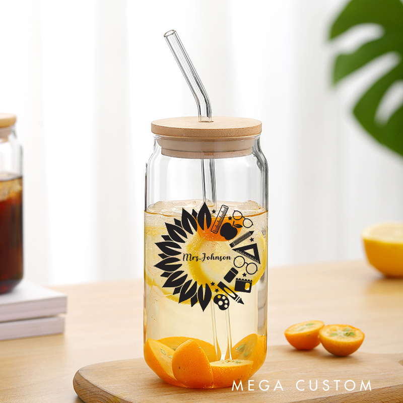 Personalized Teacher Tumbler with Lid and Straw Sunflower Inspired Wreath Made up of School Themed Icons Custom Glass Coffee Cup Teacher Appreciation Gift