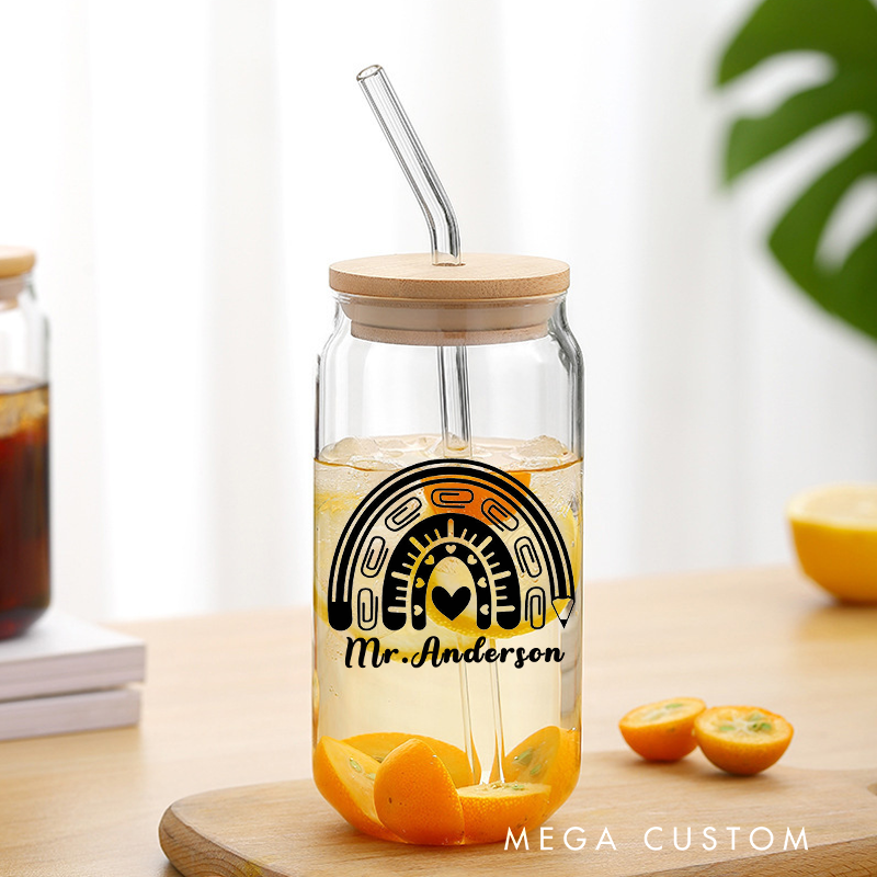 Personalized Teacher Tumbler with Lid and Straw Rainbow Shape Custom Glass Coffee Cup Teacher Appreciation Gift
