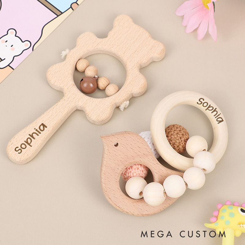 Personalized Engraved Wooden Baby Rattle with Name Animal Rattle With Bells Baby Grasping Toy Baby Shower Gift Newborn Gift