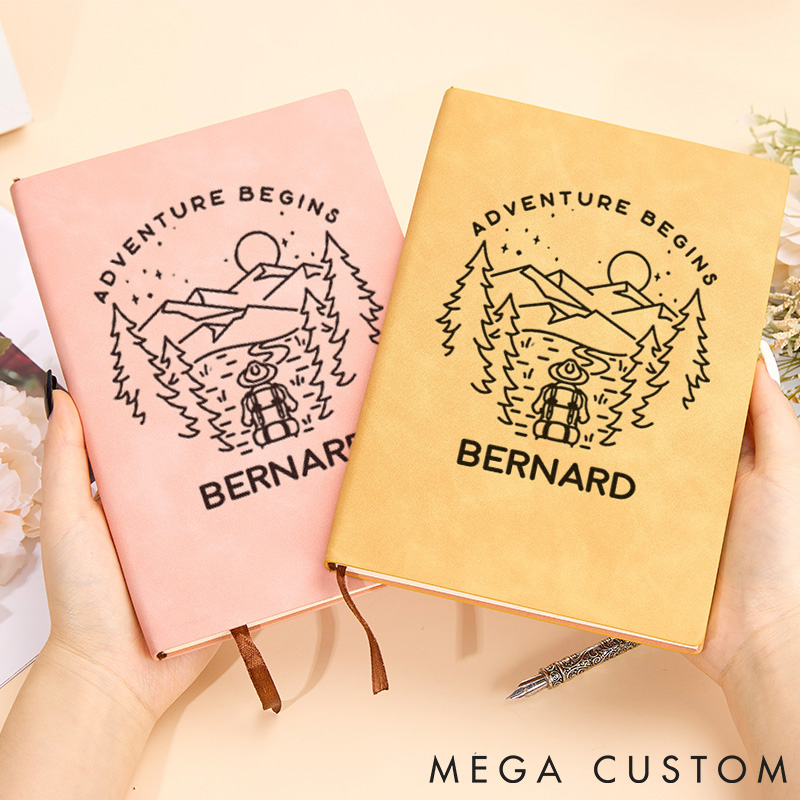 Personalized Adventure Begins Leather Notebook Outdoor Traveling Hiking Journal Gift for Nature