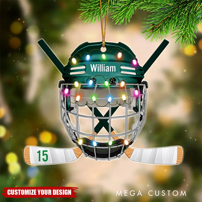 Personalized Hockey Helmet Ornament with Custom Name and Number Design
