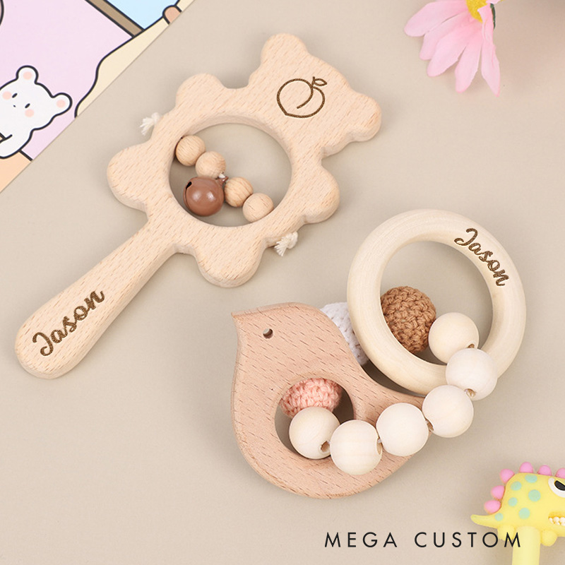 Personalized Rattle for Baby Engraved Rattle with Bells Sensory Toys Baby Shower Gift Newborn Gift
