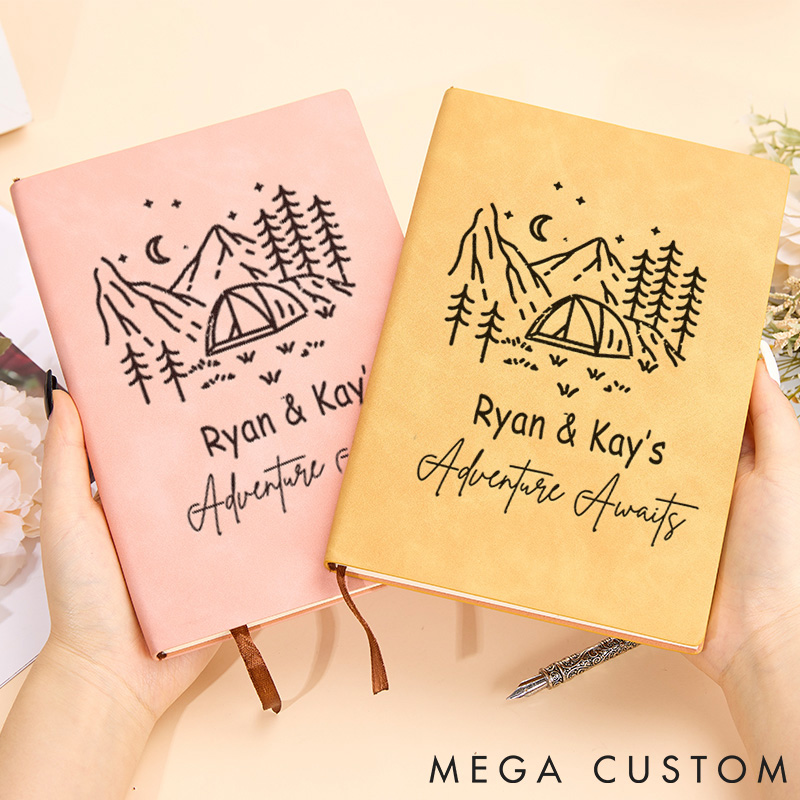 Personalized Adventure Awaits Journal Couple Camping Traveling Hiking Leather Notebook Gift Outdoor Lovers 