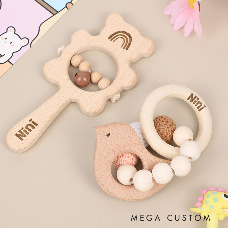 Personalized Engraved Wooden Baby Rattle with Name Animal Rattle With Bells Baby Grasping Toy Baby Shower Gifts