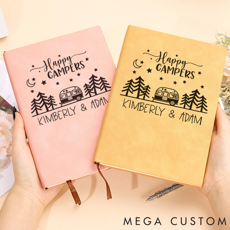 Personalized Happy Campers Journal Outdoor Adventures Camping Hiking Leather Notebook Gift Traveling Lovers 