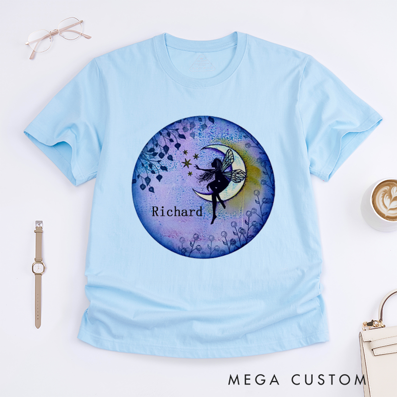 Personalized Fairy Moon T-Shirt Custom Name Gift for Women Unique Fantasy Art Tee Magical Birthday Present for Daughter Sister or Friend