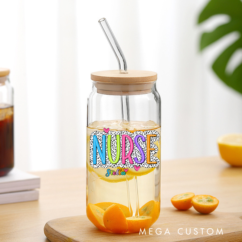 Personalized Nurse Tumbler with Lid and Straw Nurse with a Playful Black and White Dotted Pattern Custom Glass Coffee Cup Nurse Appreciation Gift