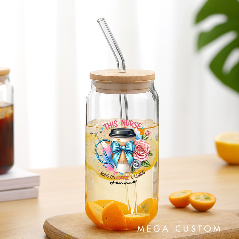 Personalized Nurse Tumbler with Lid and Straw This Nurse Runs on Coffee Chaos Custom Glass Coffee Cup Nurse Appreciation Gift