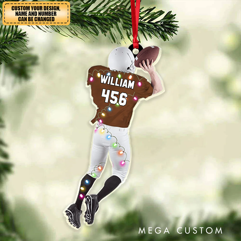Personalized Football Player Ornament with Custom Name and Number Design