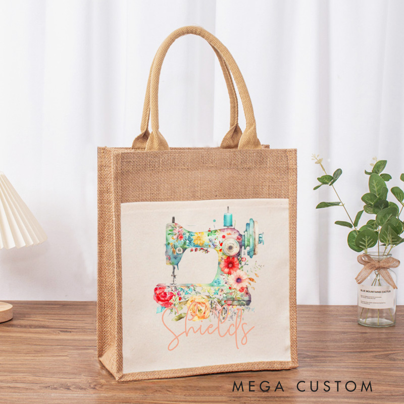 Personalized Flower Sewing Machine Tote Bag Sewing Lovers Bag Tailor Burlap Bag Gift Sewing Lover Gift Seamstress Gift