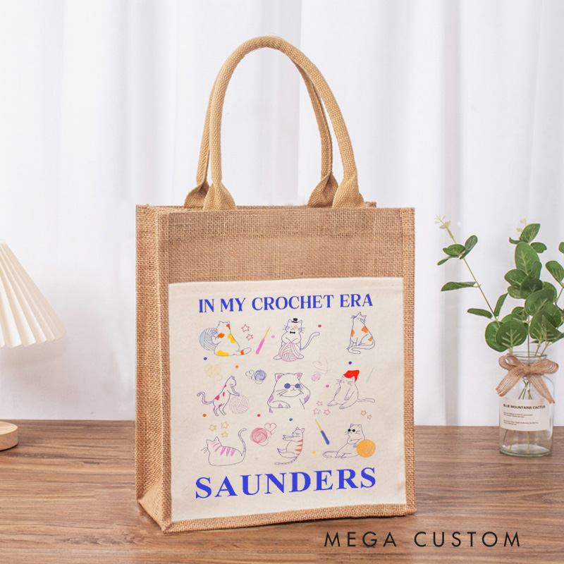 Personalized In My Crochet Era Tote Bag Sewing Lovers Bag Cat And Crochet Lover Burlap Bag Knitting Lover Gifts Crocheting Gift