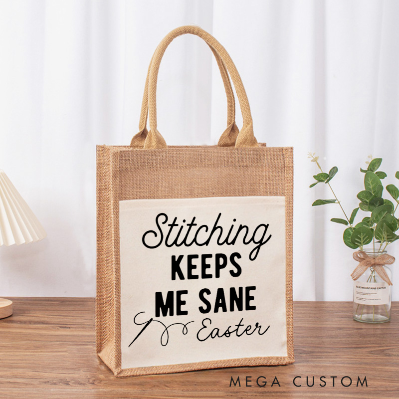 Personalized Stitching Keeps Me Sane Tote Bag Cross Stitch lover Burlap Bag Sewing Lovers Bag Stitching Gift Sewing Gift
