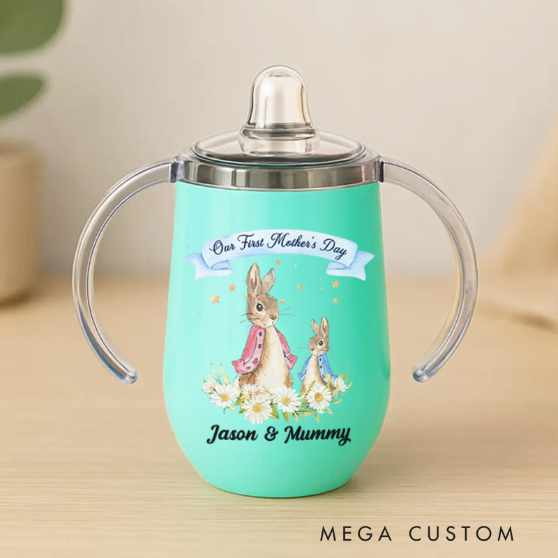Personalized Our First Mother’s Day Peter Rabbit Bunny Floral Sippy Cup with Names Mother’s Day Baby Shower Gift
