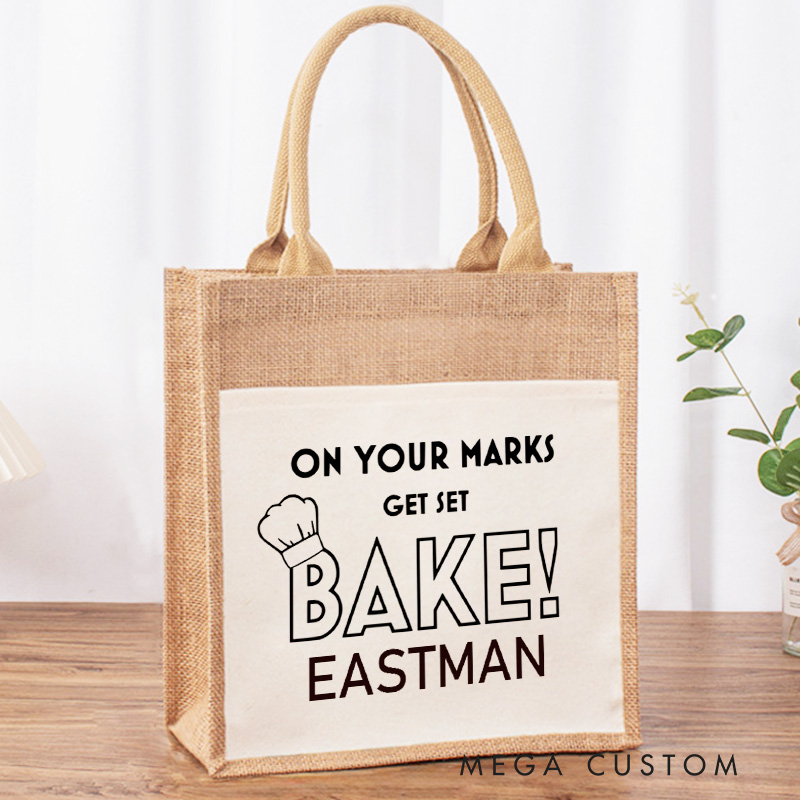 Personalized On Your Marks Get Set Bake Tote Bag Baking Lover Burlap Bag with Name Baking Lover Gift Cookie Baker Baking Gift