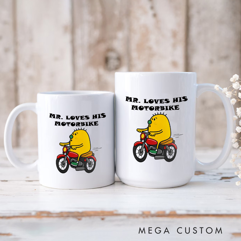 Personalized Bike Lover Motobike Riding Cartoon Coffee Lover for Him Mr. Loves His Motorbike Design with Custom Mug