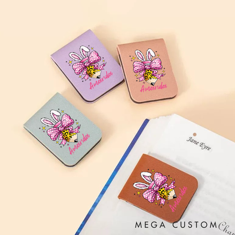 Personalized Teacher Leather Magnetic Bookmark Bunny Ears Pink Bow Design Cheerful and Fun Style Gift for Teachers