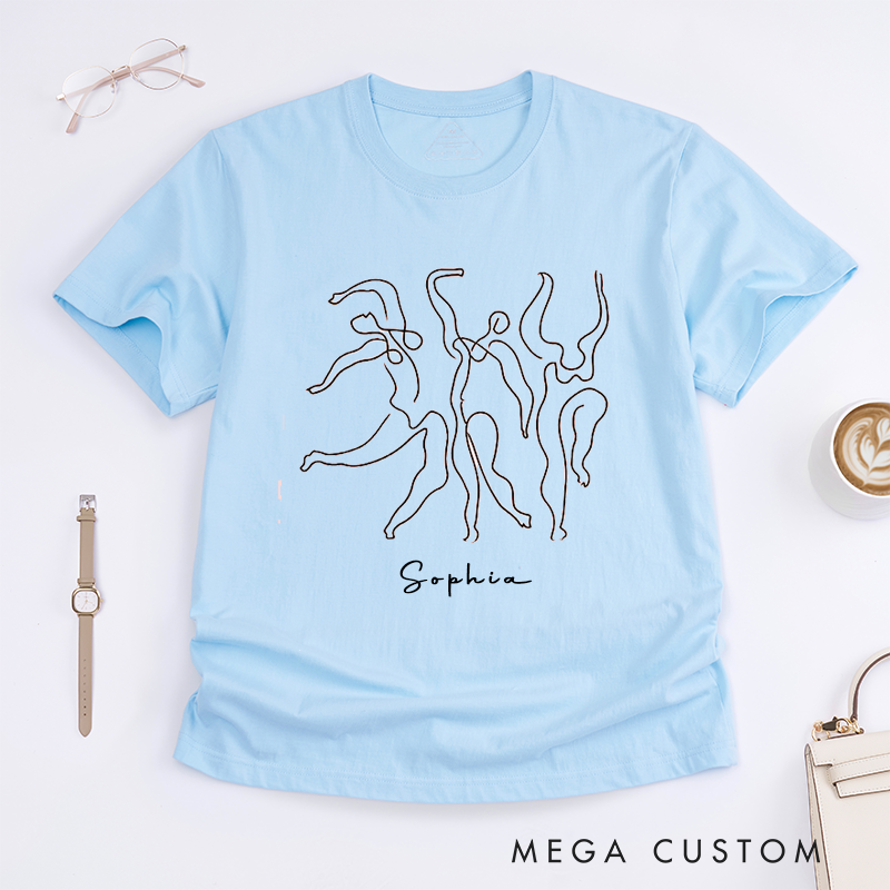 Personalized Abstract Line Art Dance T-Shirt Unisex Custom Name Gift Artistic Minimalist Drawing Design Present for Women Men Friends