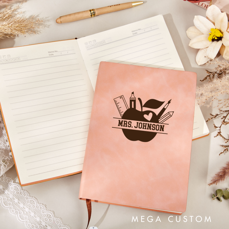 Personalized Leather Notebook for Teacher Apple Ruler Pencil and Book Leather Journal Teacher Appreciation Gift