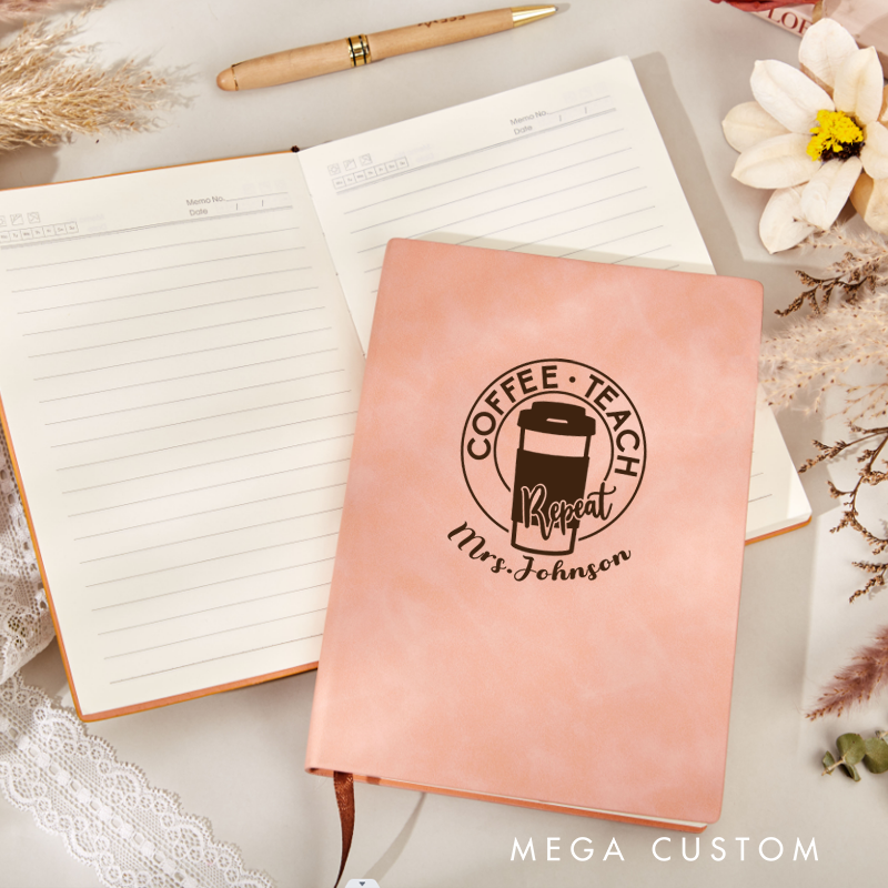 Personalized Leather Notebook for Teacher Coffee Teach Repeat Leather Journal Teacher Appreciation Gift