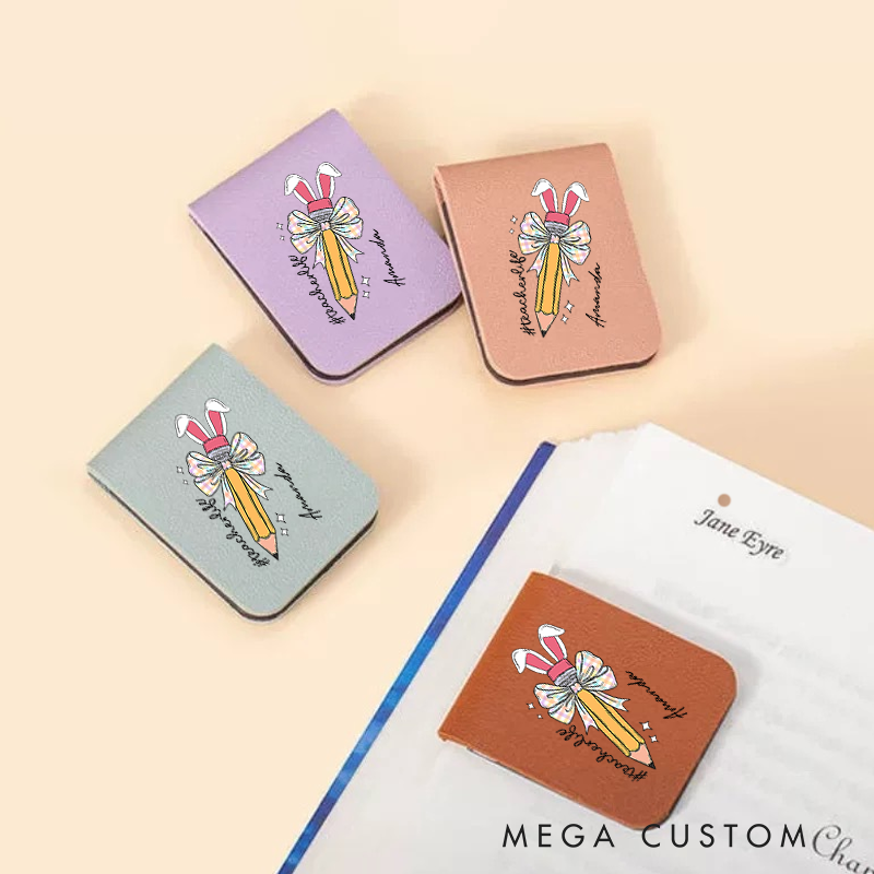 Personalized Teacher Leather Magnetic Bookmark Bunny Ears Pencil and Bow Design Thoughtful and Fun Gift for Teachers