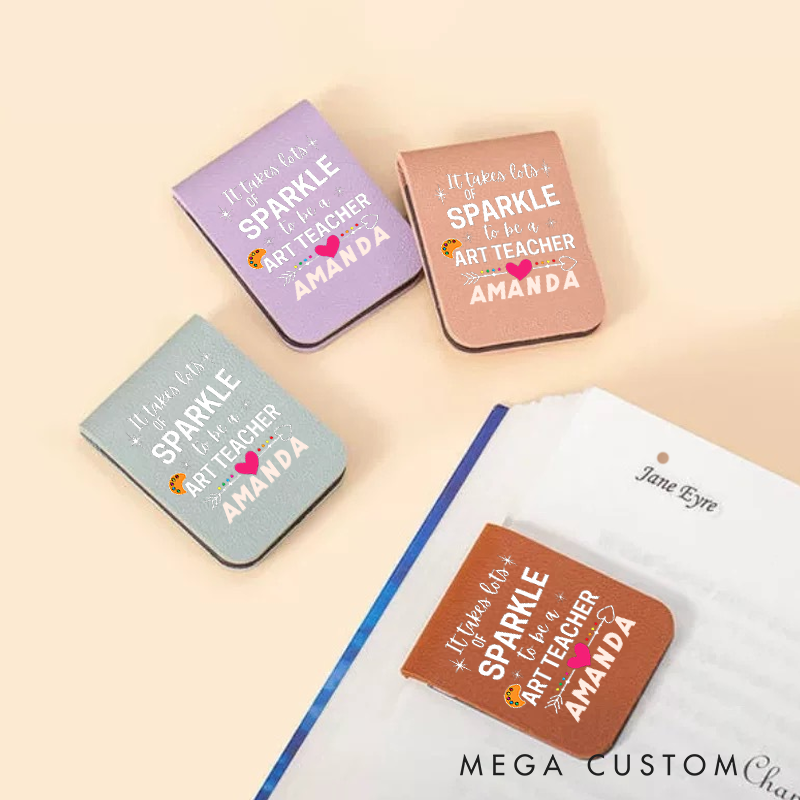 Personalized Teacher Leather Magnetic Bookmark Lots of Sparkle Art Teacher Design Cheerful and Fun Style Gift for Teachers