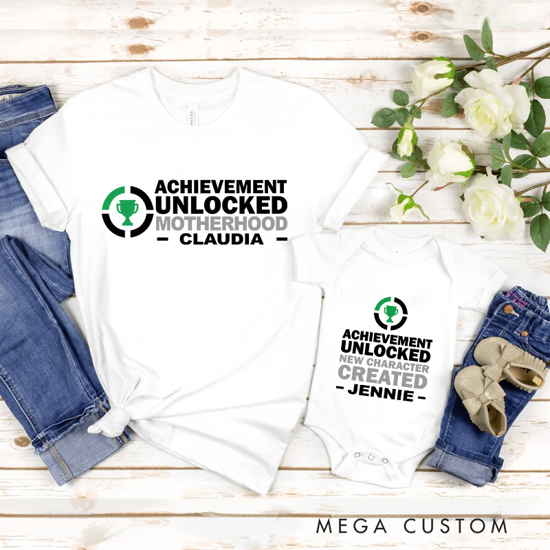 Personalized Achievement Unlocked Family Matching T-Shirts New Father Mother Shirts Funny Gamer Family Shirts Newborn Baby Gaming Shirt Father's Day