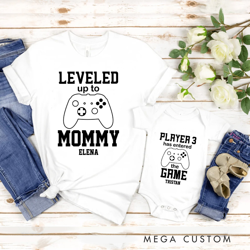 Personalized Leveled Up Family Matching T-Shirts New Father Mother Shirts Funny Gamer Family Shirts Newborn Baby Gift Geek Gaming Shirt Father's Day