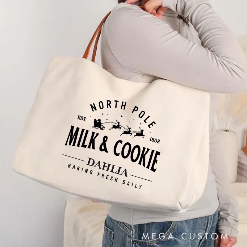 Personalized North Pole Milk and Cookie Tote Bag Christmas Cookies Canvas Bag Santa and Reindeer Bag Backing Lover Gift Baker Christmas Gift