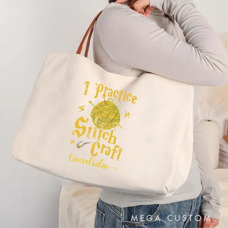 Personalized I Practice Stitch Craft Tote Bag Crocheting Lover Bag with Name Yarn Lovers Canvas Bag Knitter Gift Crocheter Gift