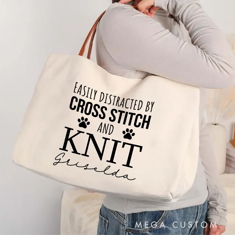 Personalized Easily Distracted By Cross Stitch And Dogs Tote Bag Crocheting Bag with Name Yarn Lovers Canvas Bag Knitter Gift Crocheter Gift