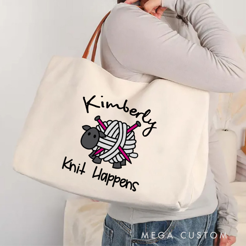 Personalized Knit Happens Tote Bag Knitting Yarn Crocheting Bag Yarn Lovers Canvas Bag Knitting Lover Bag Knitter Gift Crocheter Gift