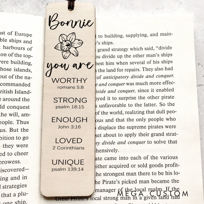 Personalized Birth Flower Bible Verse Wood Bookmark Engraved with Custom Name Christian Gifts Unique Gifts for Religious