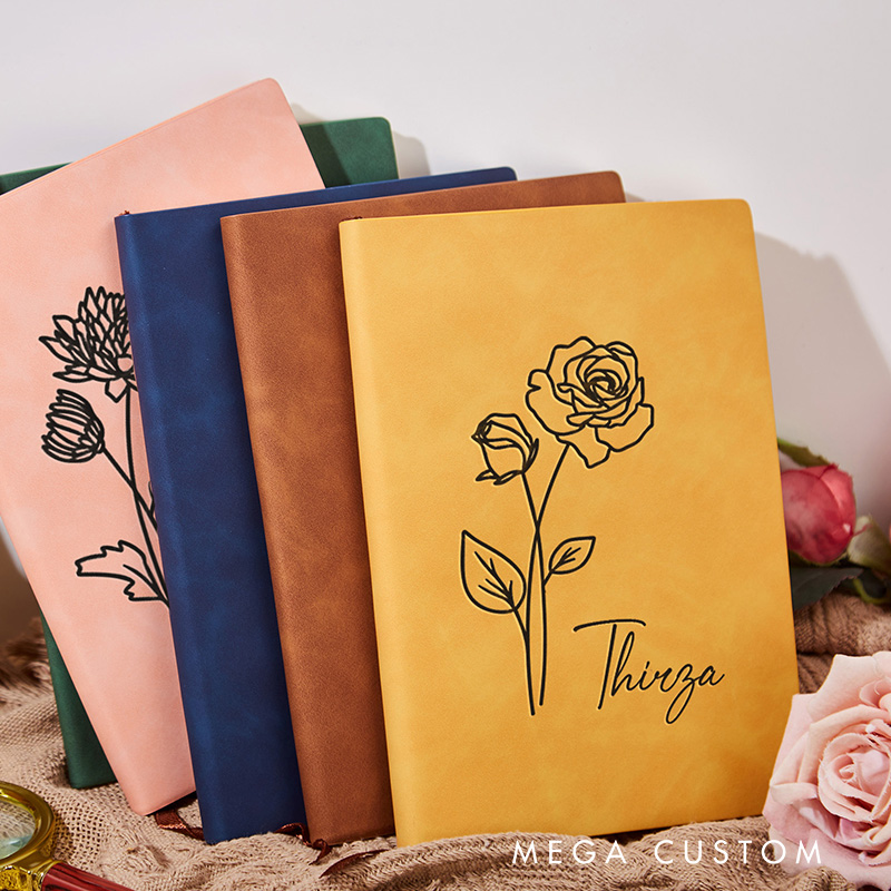 Personalized Birth Flower Leather Journal Birthday Gift Notebook Travel Gift