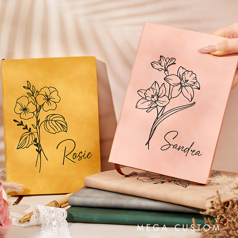 Personalized Birth Flower Leather Journal Birthday Gift Notebook Travel Gifts