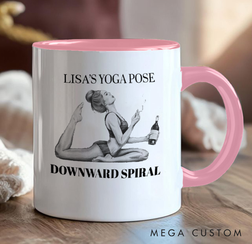 Personalized Funny Yoga Mug Can Custom Name, Humorous "Downward Spiral" Design, Perfect Gift for Yoga Lovers