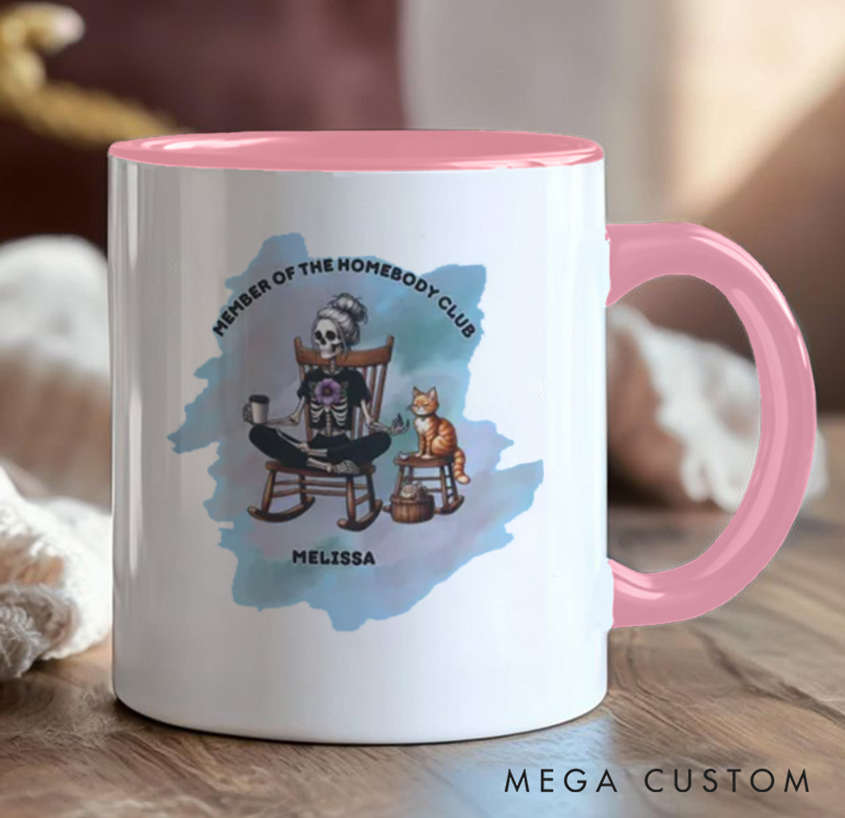 Personalized Homebody Club Mug – Funny Skeleton & Cat Design, Custom Name Option, Perfect Gift for Yoga & Relaxed Lifestyle Lovers