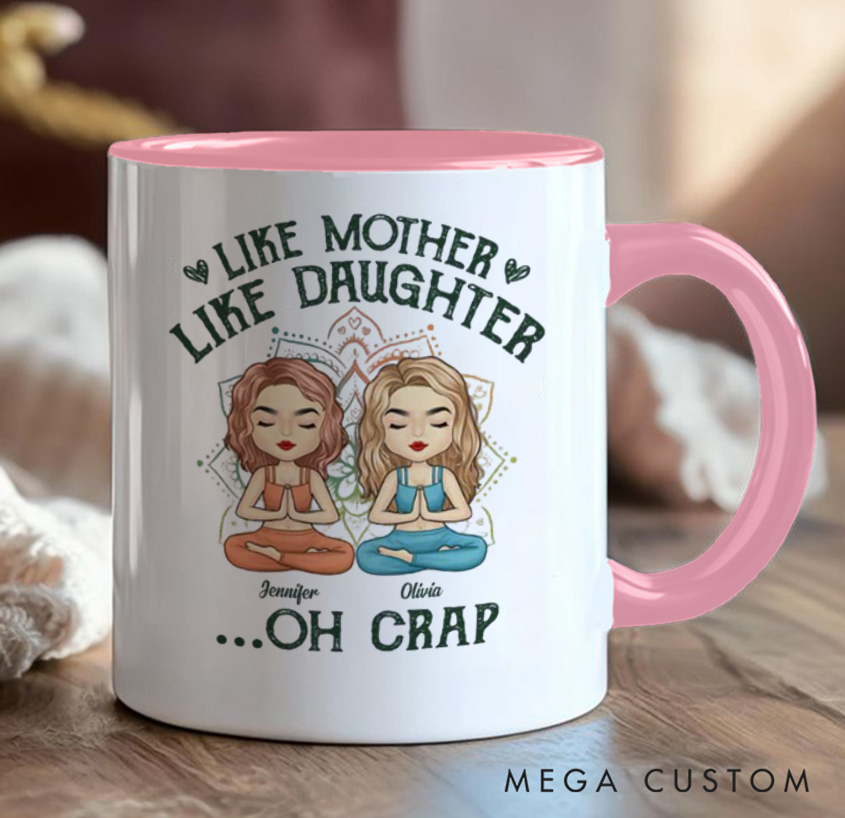 Personalized Mug with Cute Mother and Daughter Meditation Design, Can Custom Name, Perfect Gift for Mom, Daughter and Yoga Lovers
