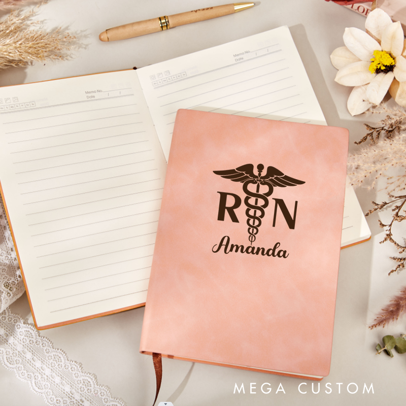 Personalized Leather Notebook for Nurse RN Caduceus Symbol Leather Journal Nurse Appreciation Gift