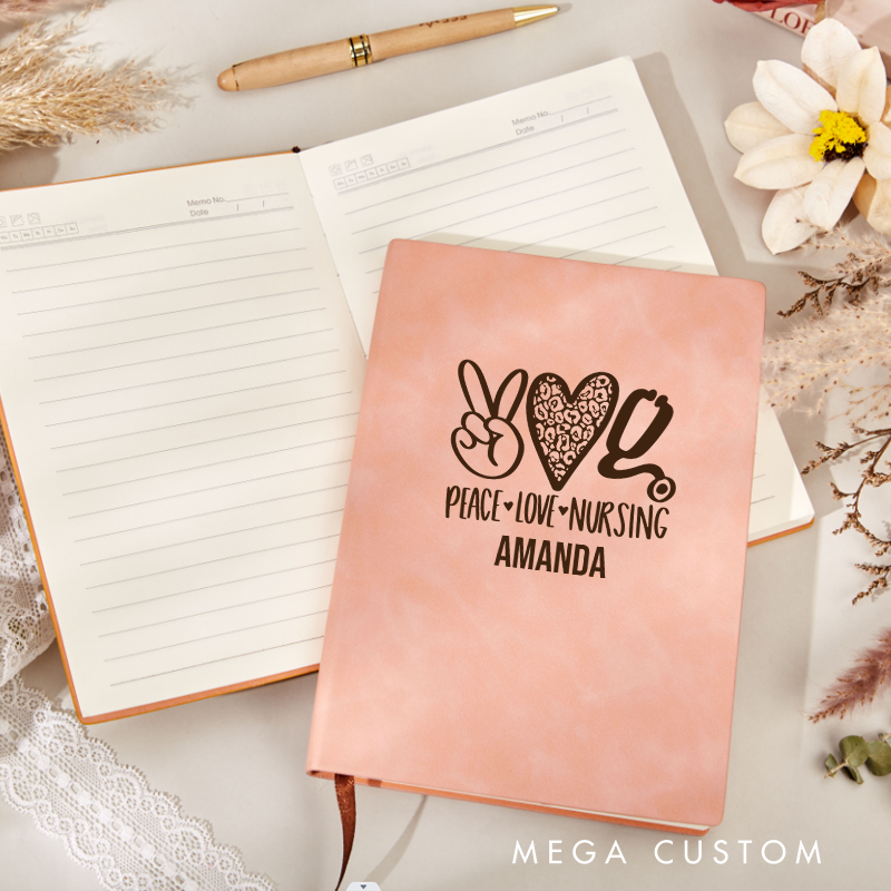 Personalized Leather Notebook for Nurse Peace Love Nursing Leather Journal Nurse Appreciation Gift